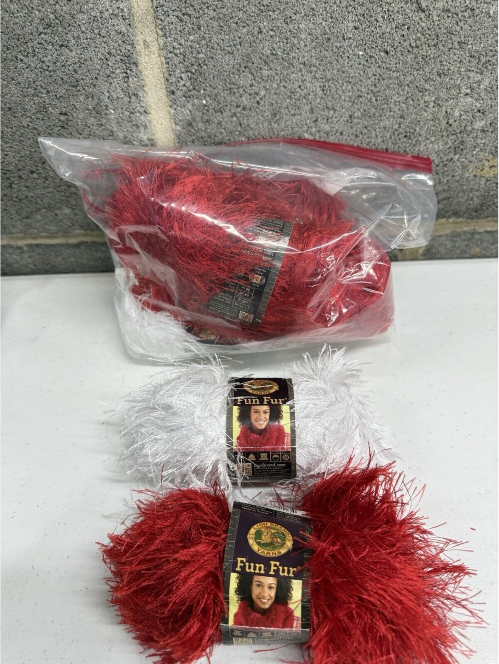 Lions Brand Yarns Fun Fur100% Polyester 2 White 5 Red 7 Skein Lot